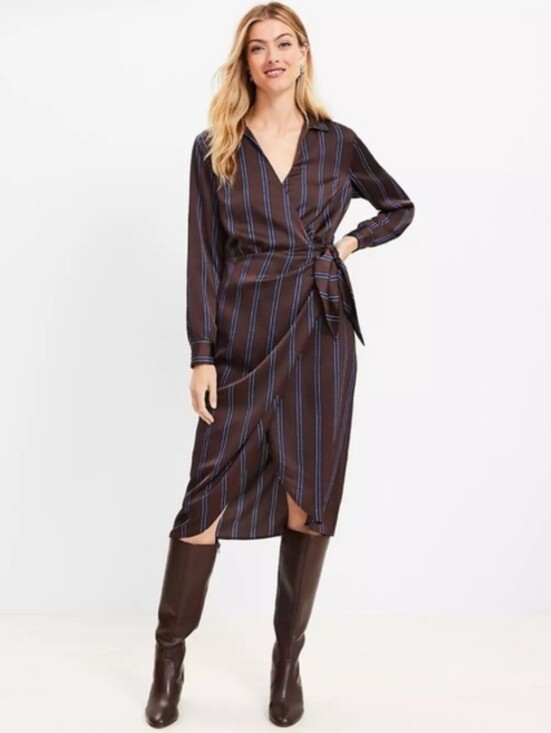 LOFT Dresses & Skirts - LOFT Brown Wrap Midi Dress with Blue Pinstripes